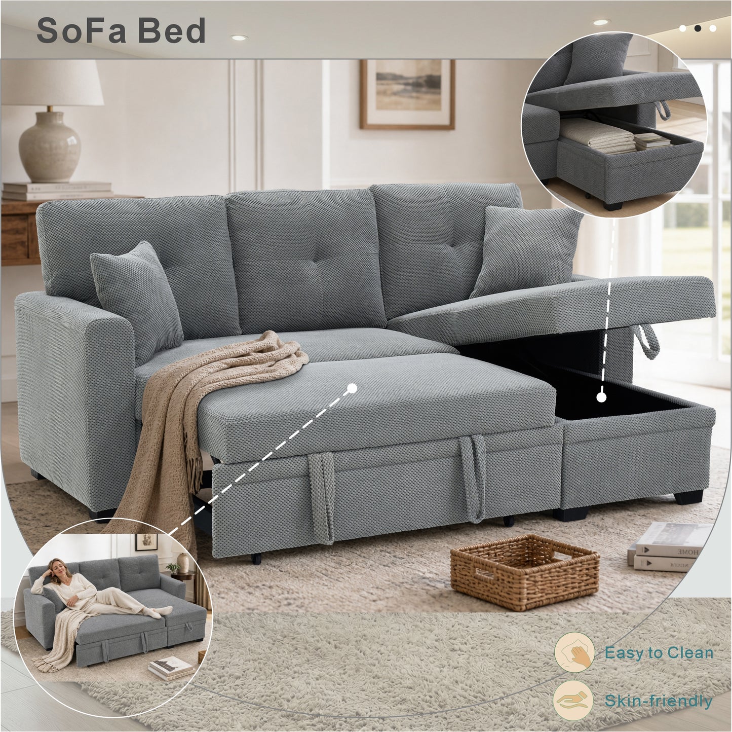 Light Gray Sectional Sofa Bed with Reversible Chaise & Storage