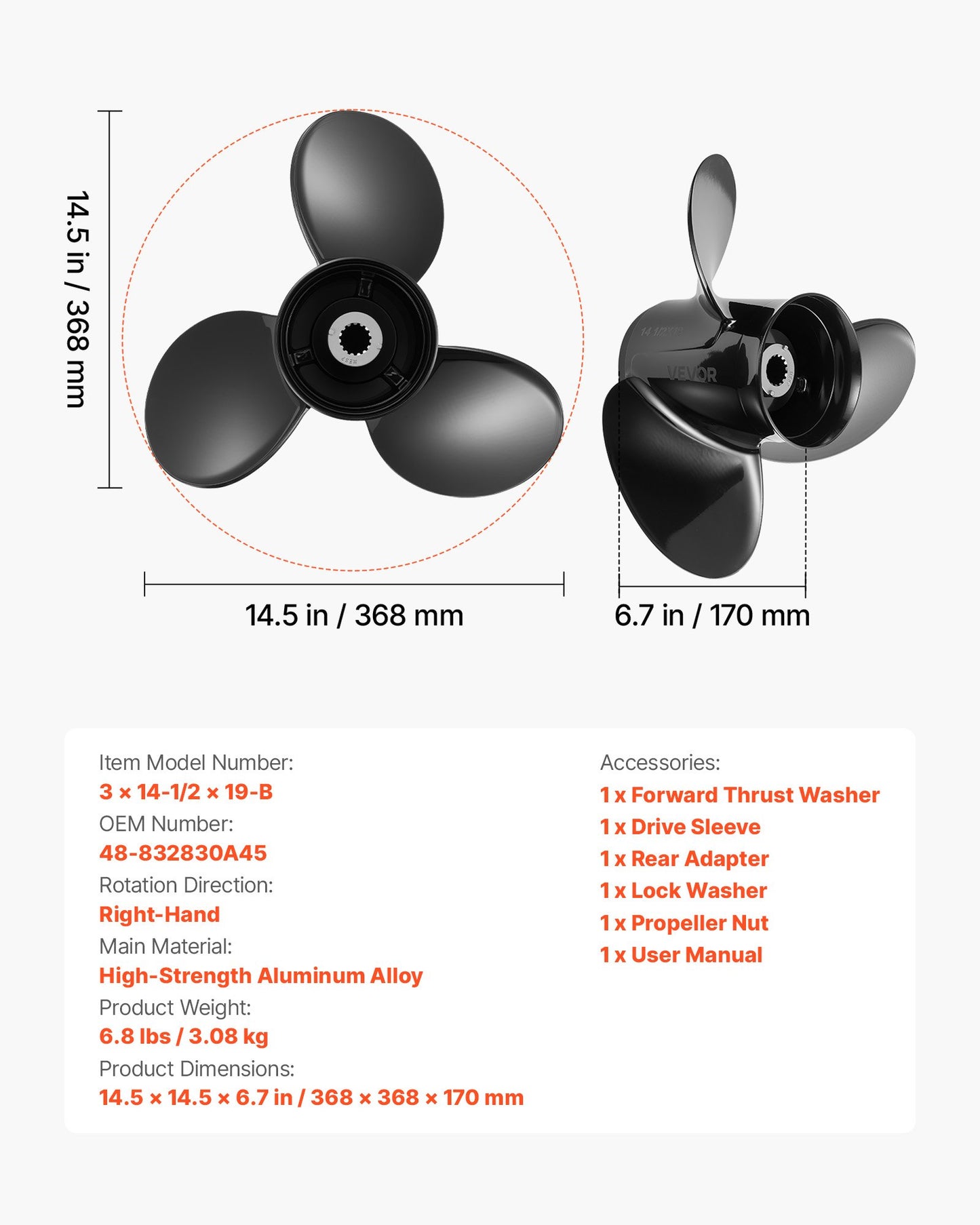 Outboard Propeller 3-Blade RH Aluminum Replacement for Mercury/Mariner 135-300 HP