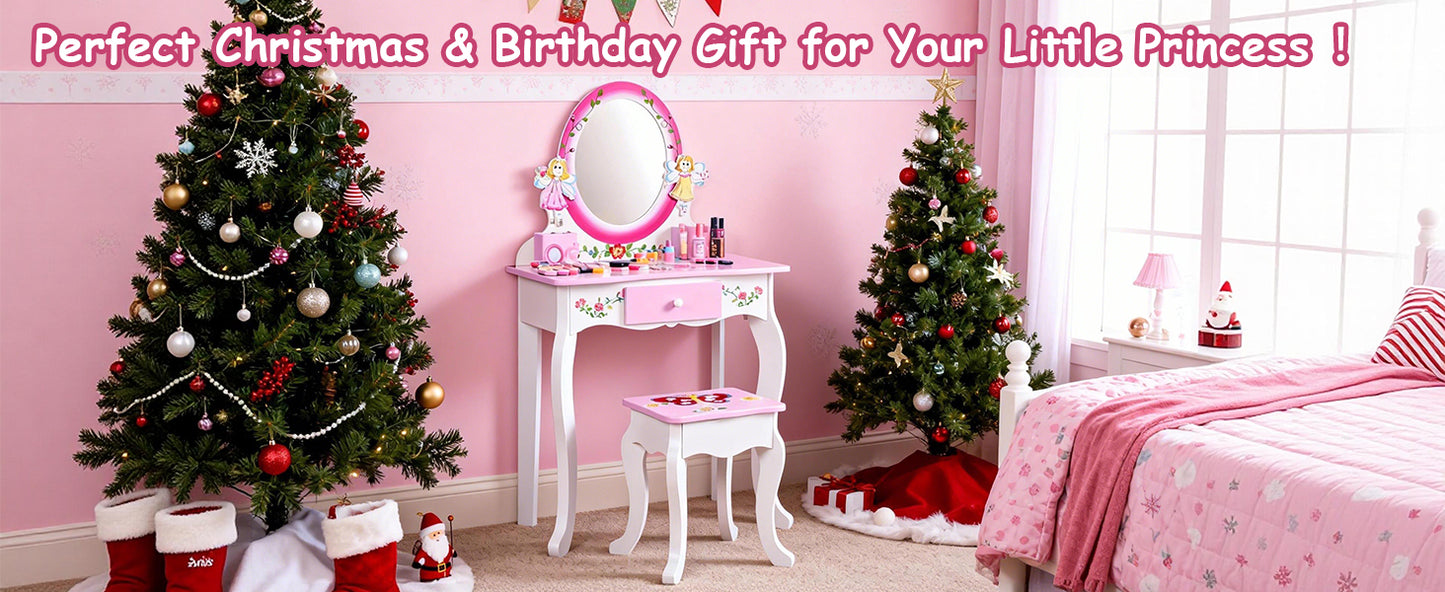 Kids Vanity Set Floral Printed Wooden Makeup Dressing Princess Table