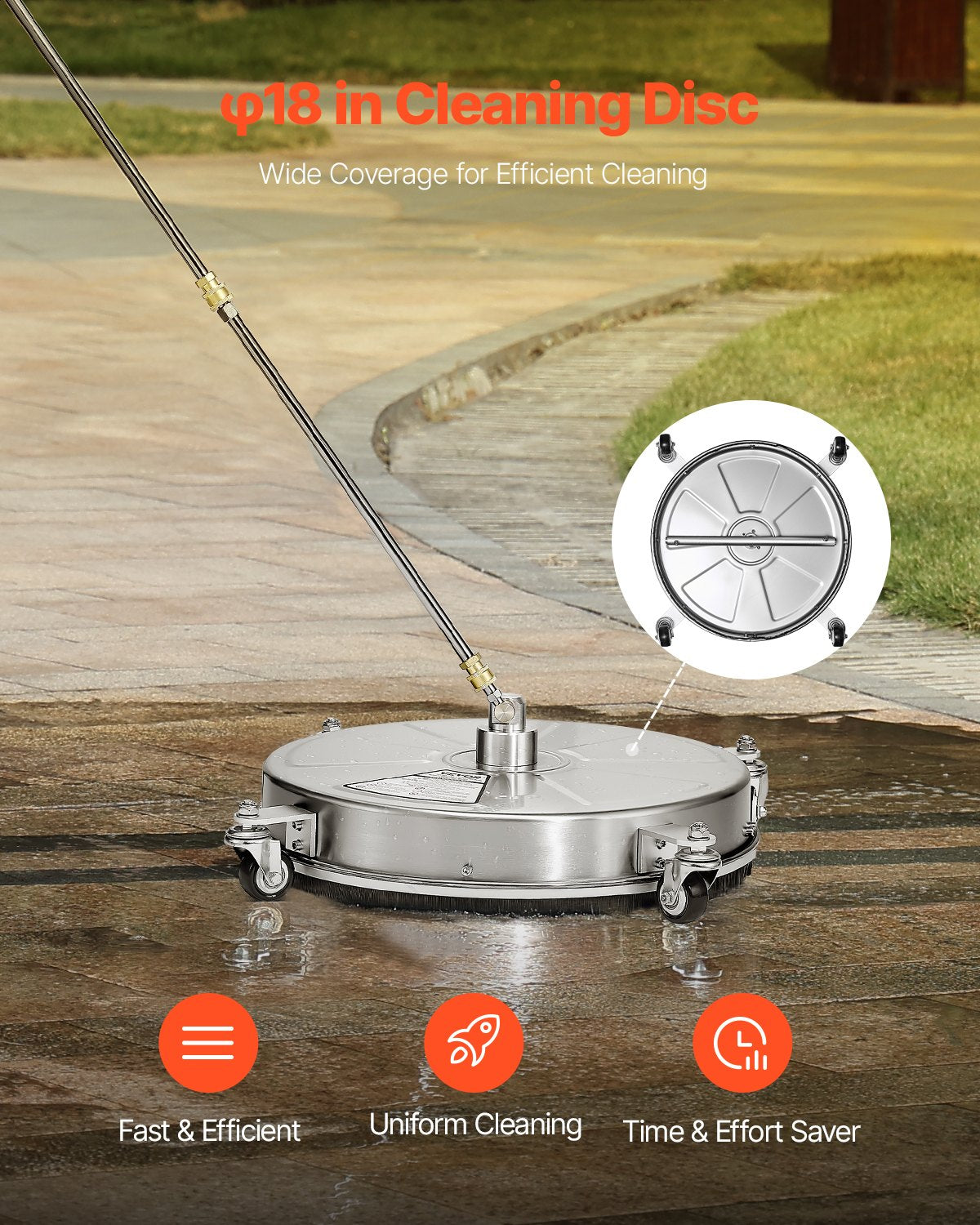 18-Inch Pressure Washer Surface Cleaner 4000 PSI with 4 Wheels & 2 Extension Wands - Silver