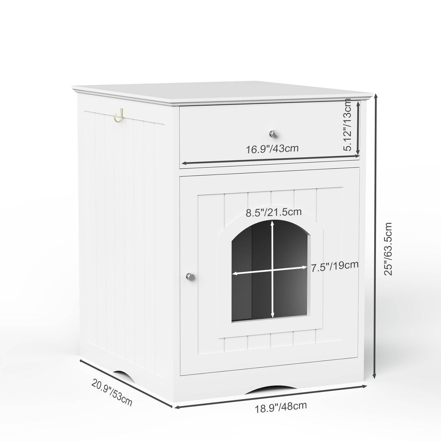 Wooden Cat Litter Box Enclosure with Drawer and Side Table - White Pet House