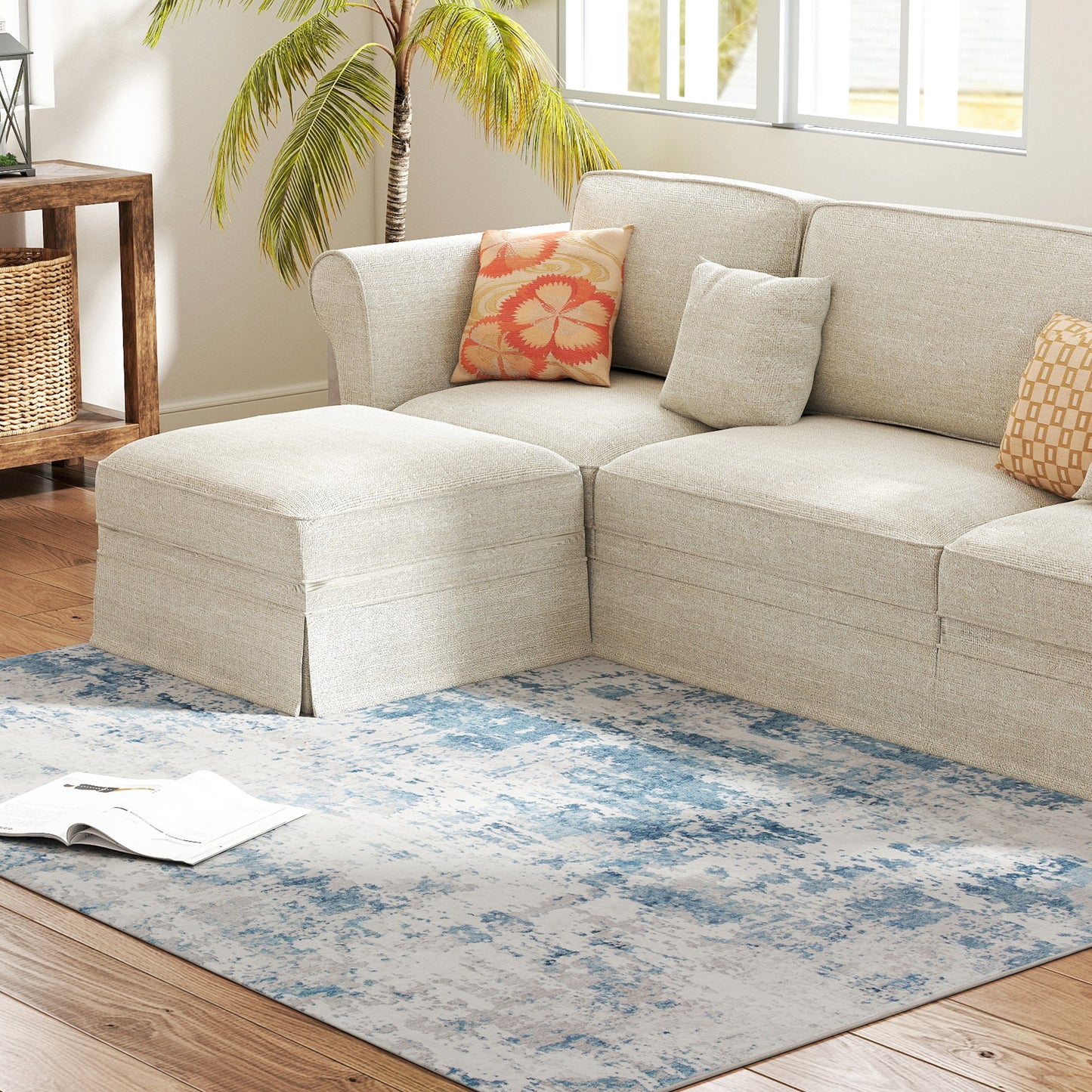 Machine Washable Area Rug 4x6 - Non-Slip Abstract Carpet in Blue