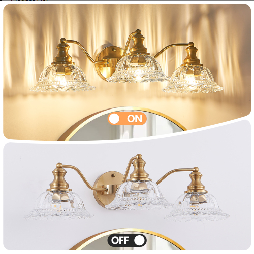 24 Inch 3-Light Vintage Bathroom Wall Sconce - Golden Metal & Glass Vanity Light
