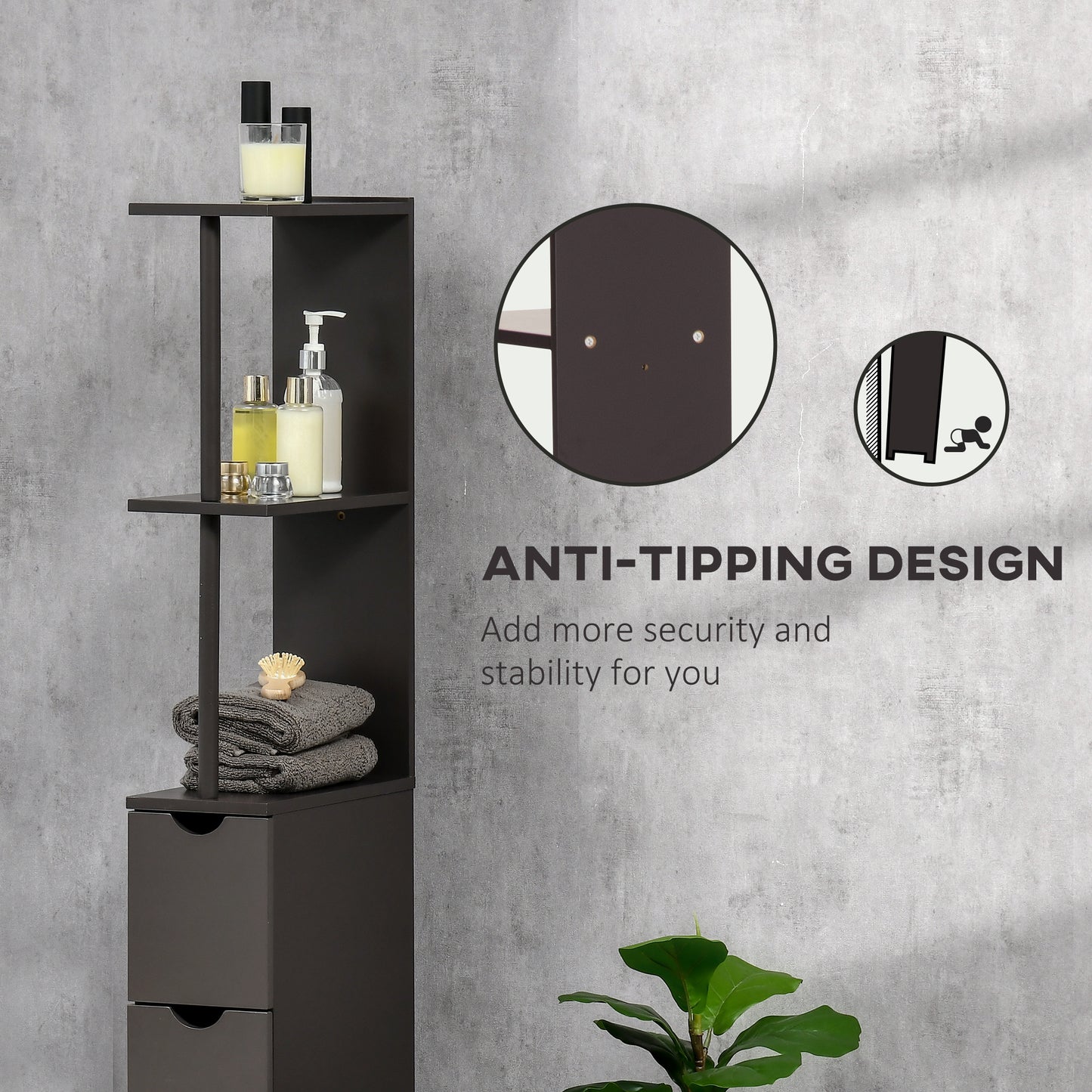 54" Tall Bathroom Storage Cabinet - Freestanding Linen Tower with 2-Tier Shelf and Drawers - Brown