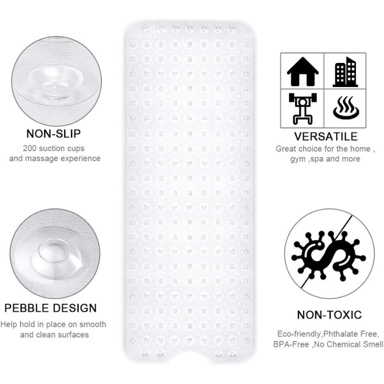 Extra Large Non Slip Shower and Bath Safety Mat 40x16 Inch with Suction Cups, Drain Holes, Machine Washable, Clear