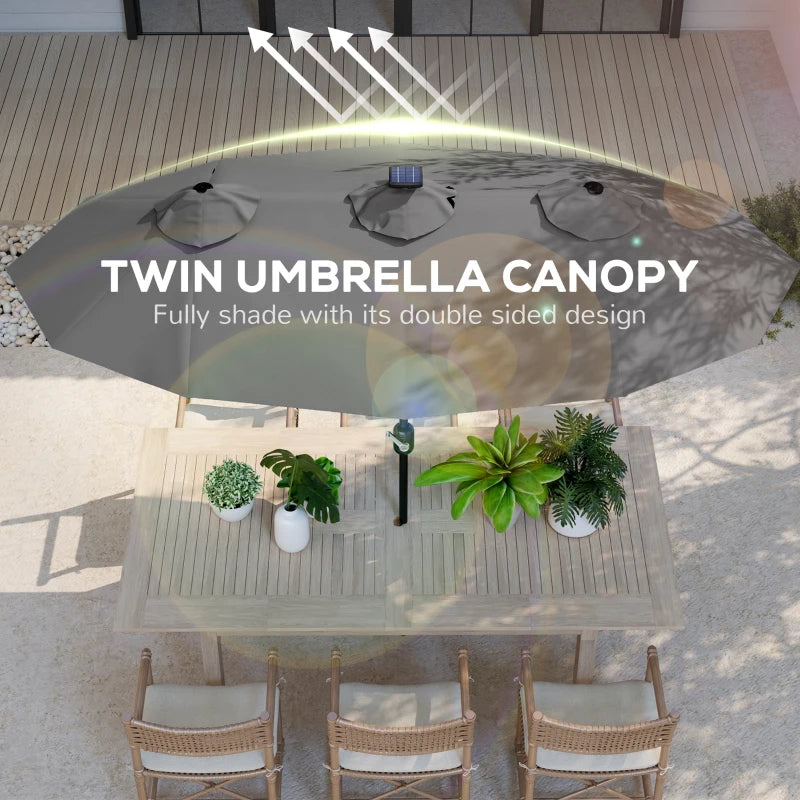 Double-Sided Patio Umbrella with LED Solar Lights - Gray