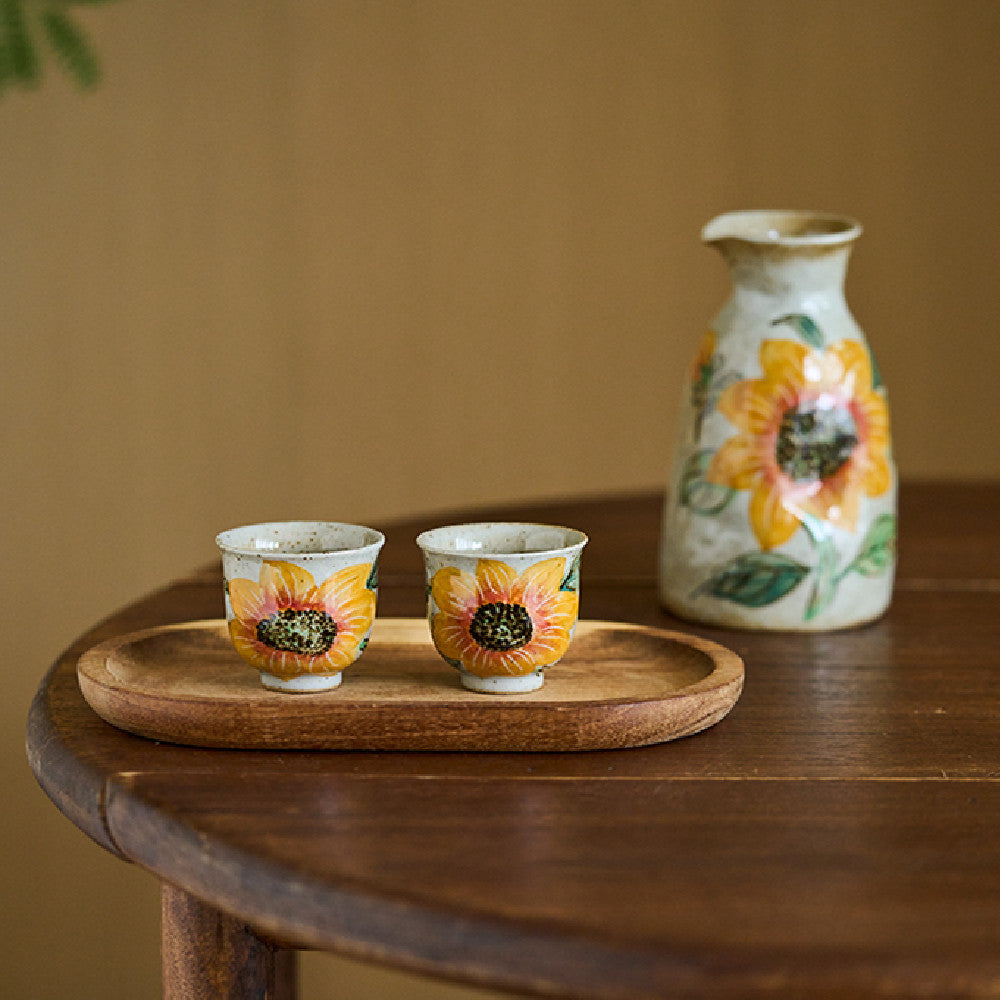 Hand Drawn Sunflower Ceramic Wine Dispenser with Glass Set - Retro Kitchen Barware