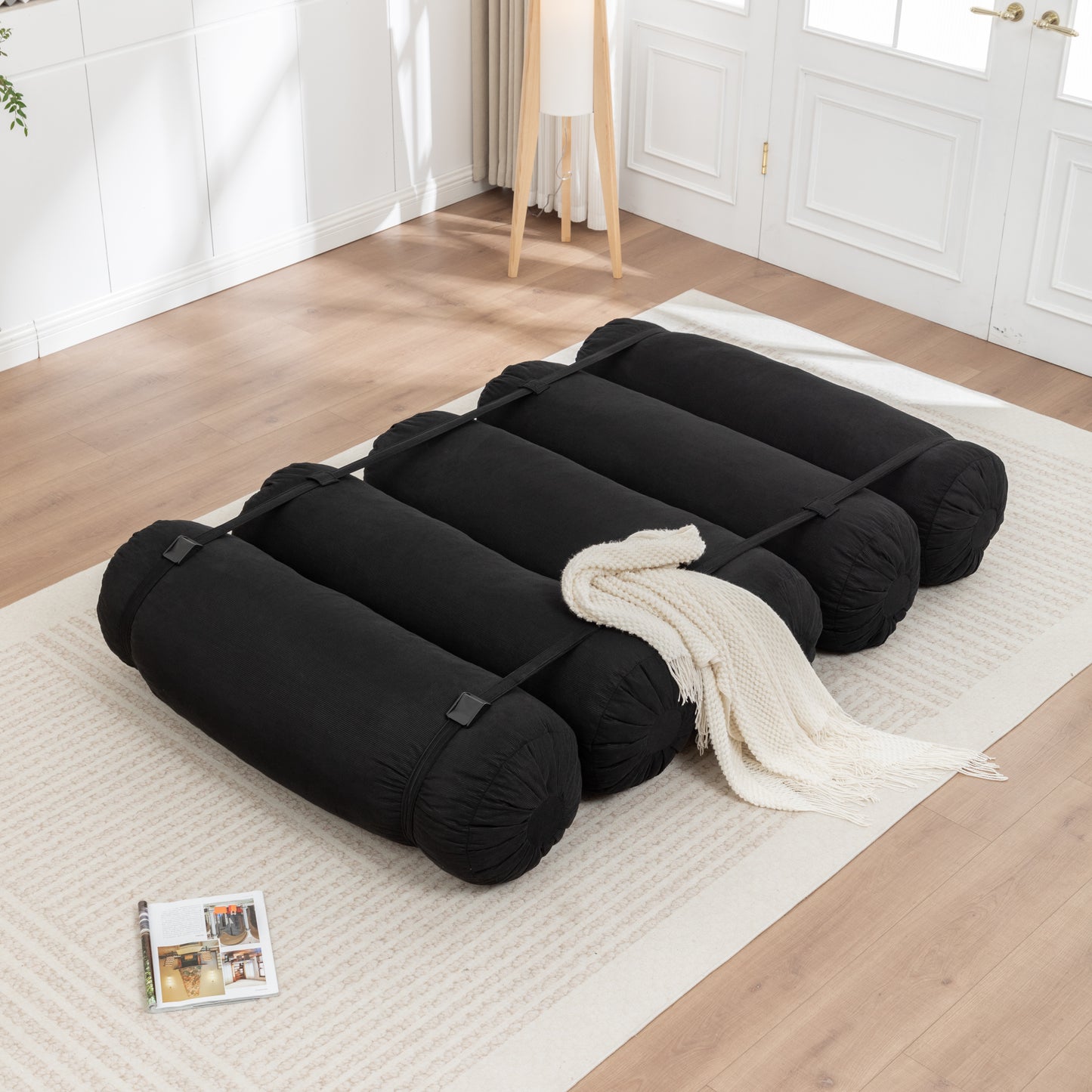 Adjustable Corduroy Floor Sofa - Black Multi-Person Leisure Chair