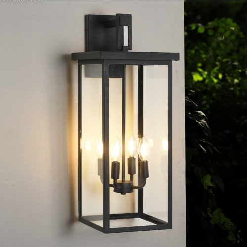 Outdoor Wall Lanterns - Modern Black Metal Frame with Clear Glass, Weatherproof Porch Sconces, No Bulbs