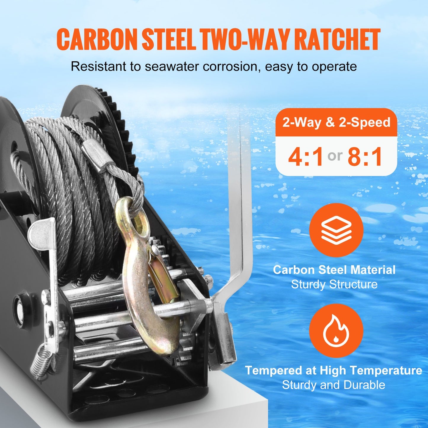 Heavy Duty Hand Winch 3500 lbs Capacity with 33 ft Steel Cable & Two-Way Ratchet - Black