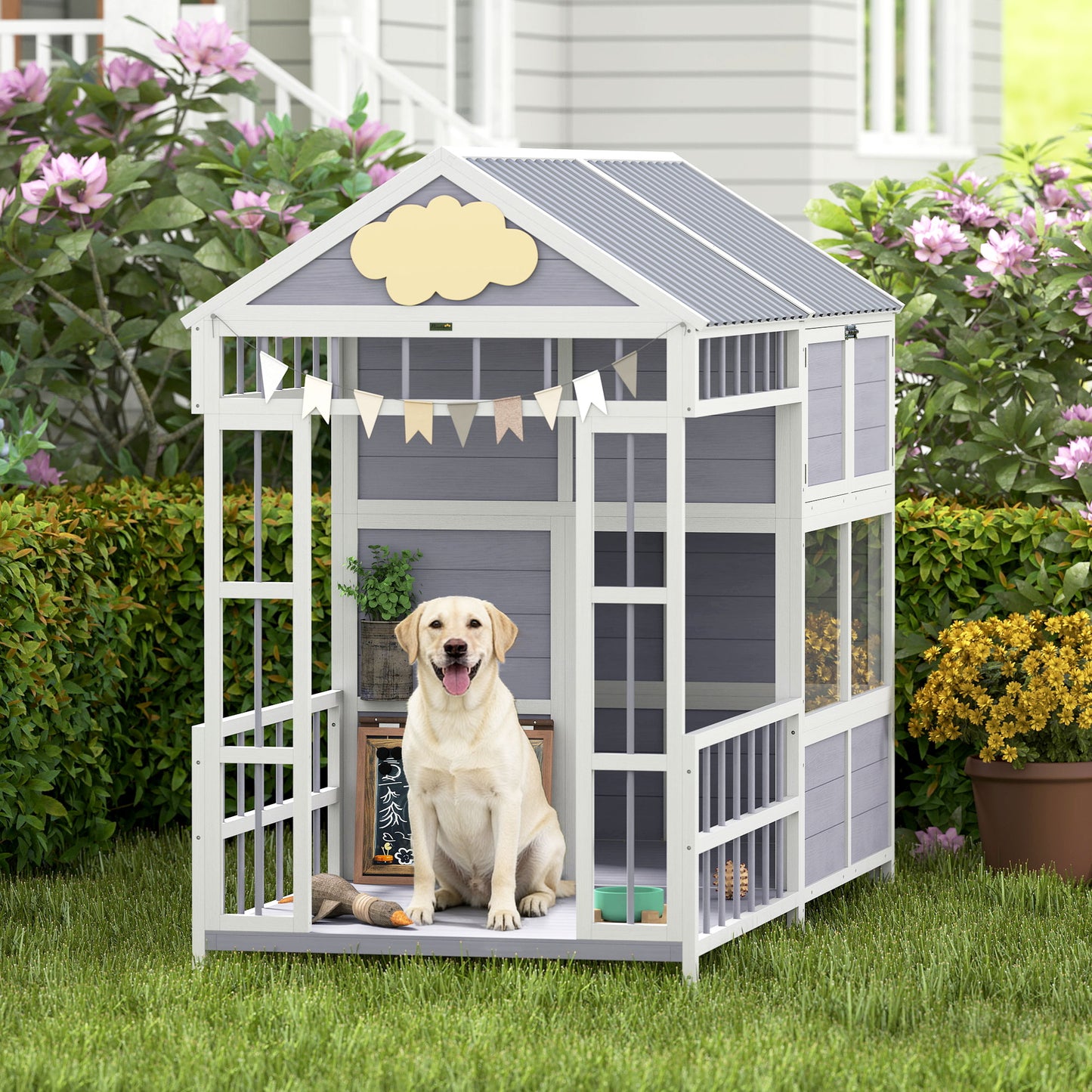 Large Wooden Dog House with Porch and Storage Cabinet - Weatherproof Outdoor Kennel