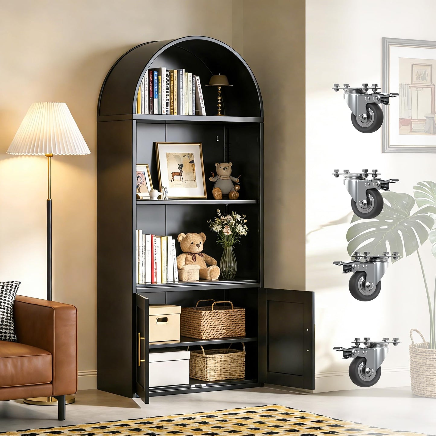 Metal Arched Bookcase on Wheels - Black with 2 Adjustable Shelves