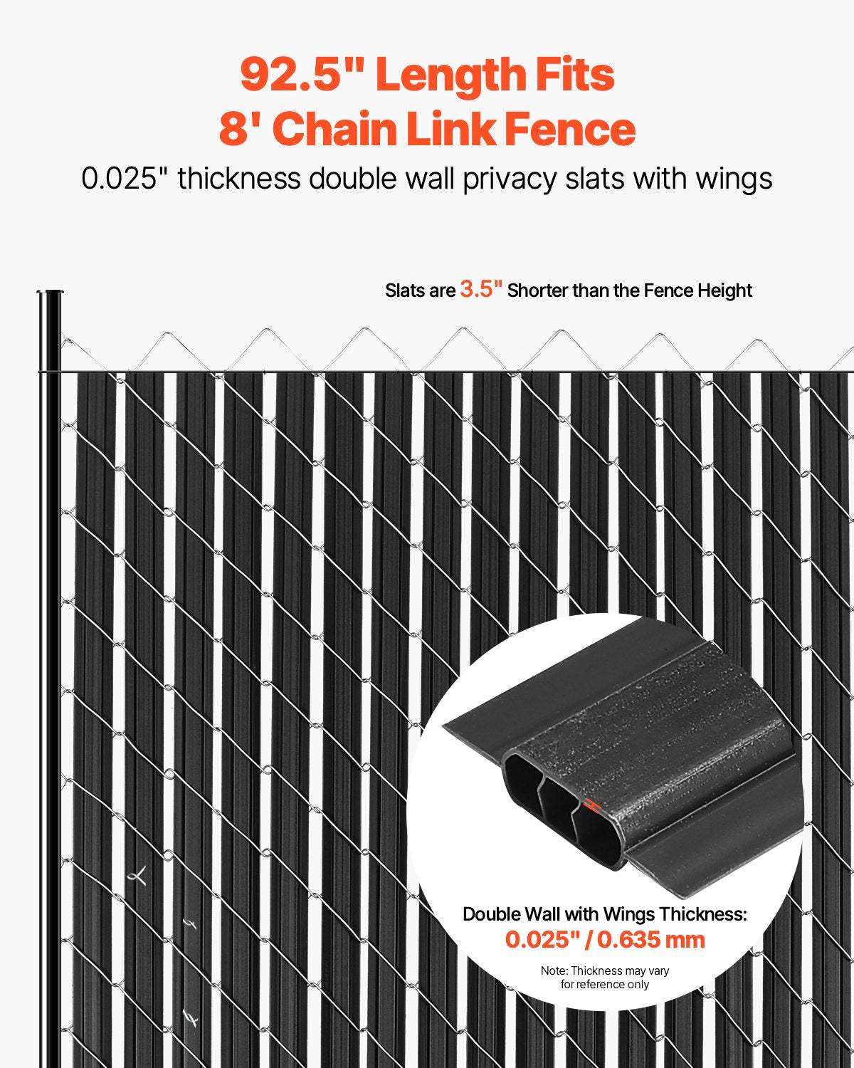 Black Chain Link Fence Privacy Slats for 8ft High Fence - Double-Wall with Wings