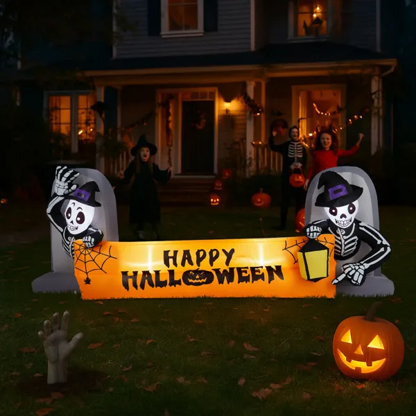 9.6FT Halloween Inflatable Skeleton Tombstone Banner with LEDs