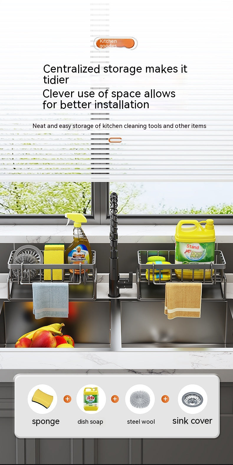 Multifunctional Kitchen Sink Drainage Basket Shelf - Black, Gray & White
