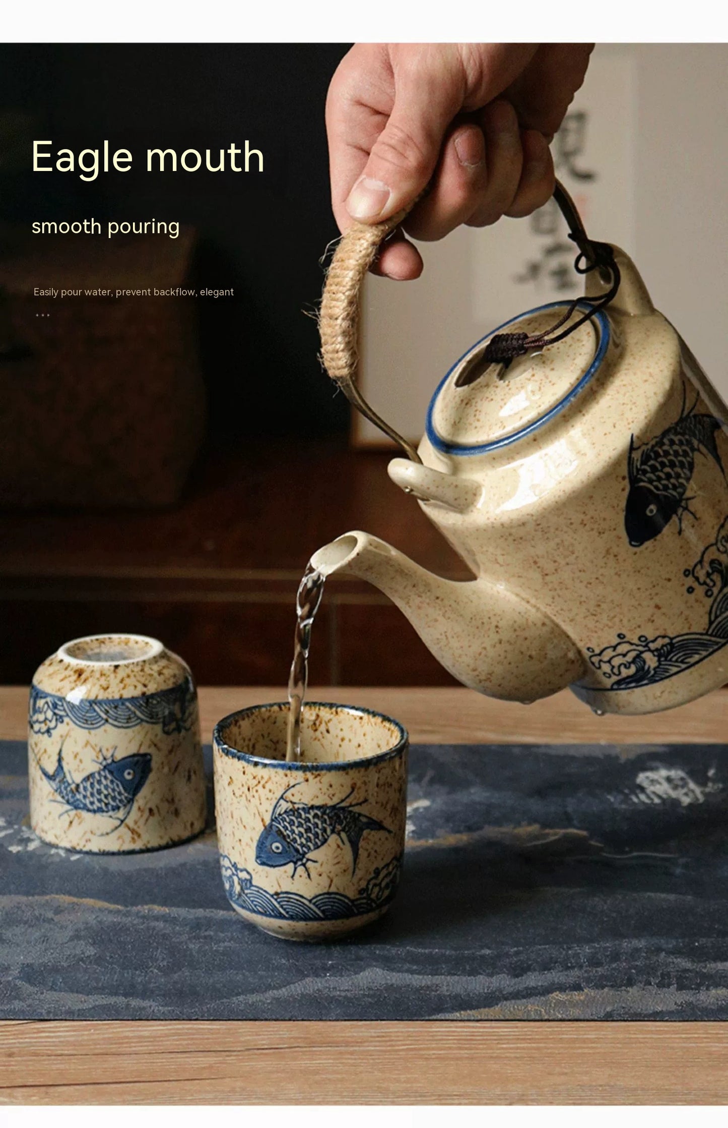 Large Ceramic Tea Pot Set - Retro Japanese Style Glacier Pattern