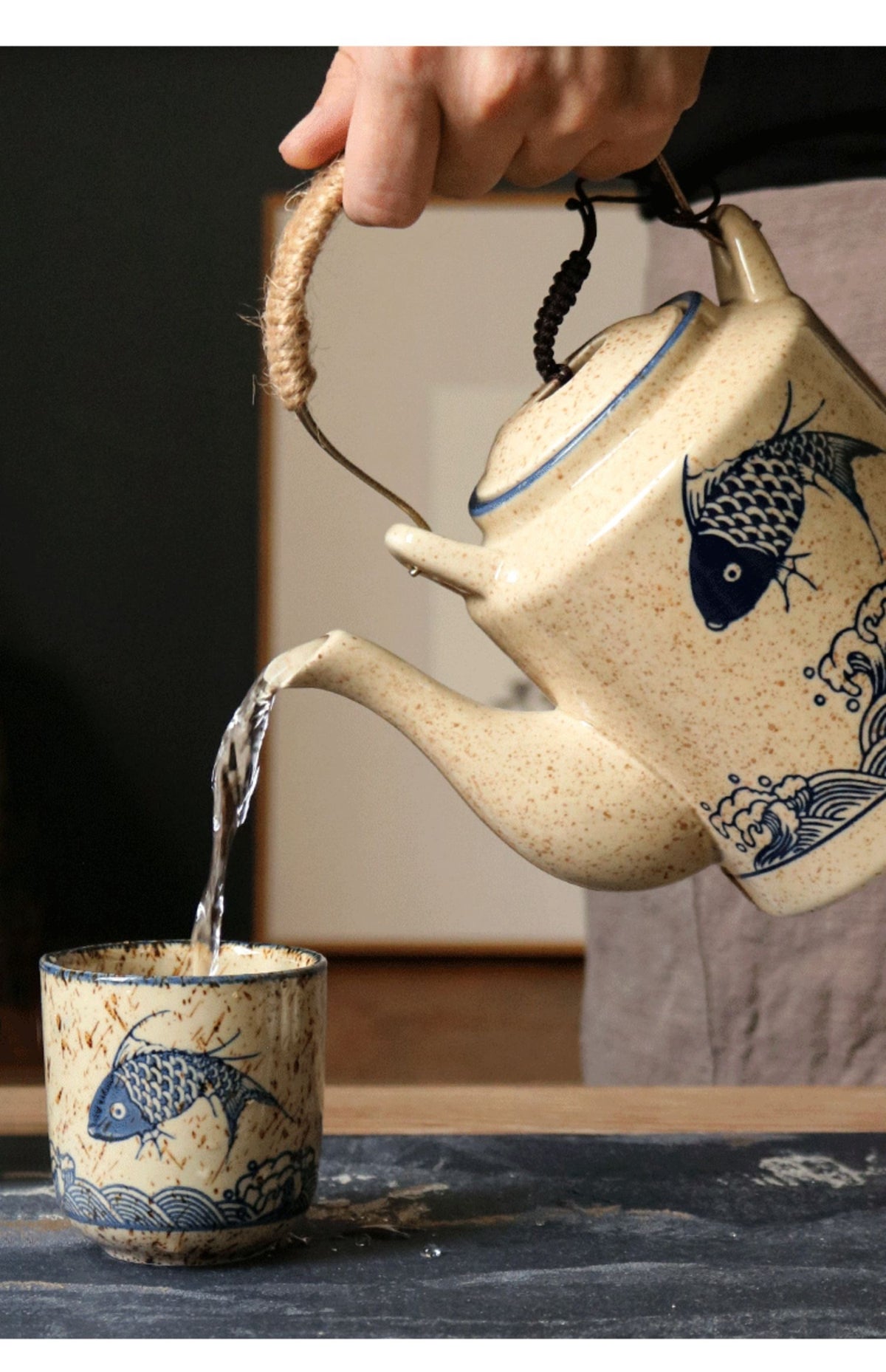 Large Ceramic Tea Pot Set - Retro Japanese Style Glacier Pattern