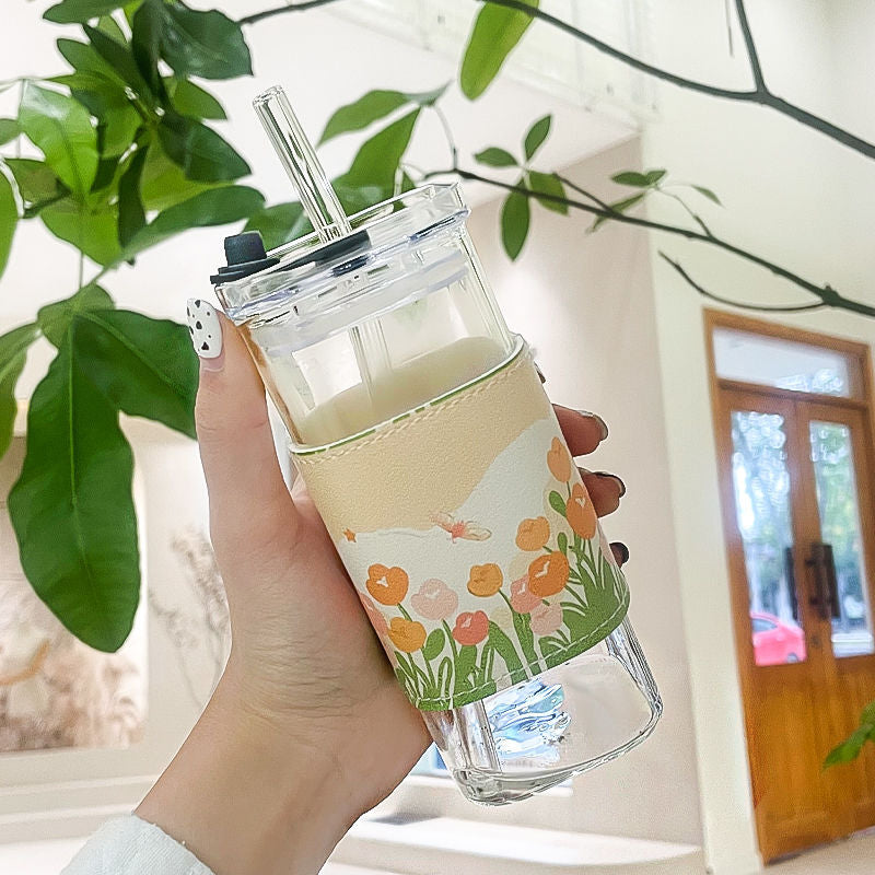 Large Capacity Glass Water Cup with Lid and Straw - Portable Drinkware