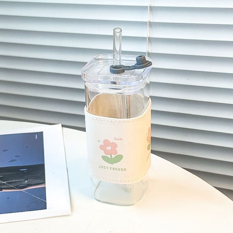 Large Capacity Glass Water Cup with Lid and Straw - Portable Drinkware