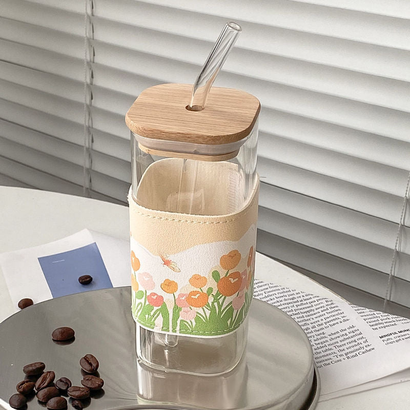 Large Capacity Glass Water Cup with Lid and Straw - Portable Drinkware
