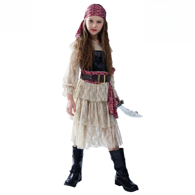 Pirate Costume Skirt Set for Girls - Cosplay Party Dress with Headband & Vest