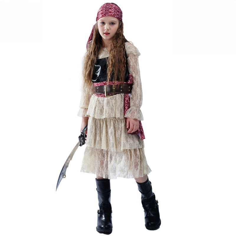 Pirate Costume Skirt Set for Girls - Cosplay Party Dress with Headband & Vest