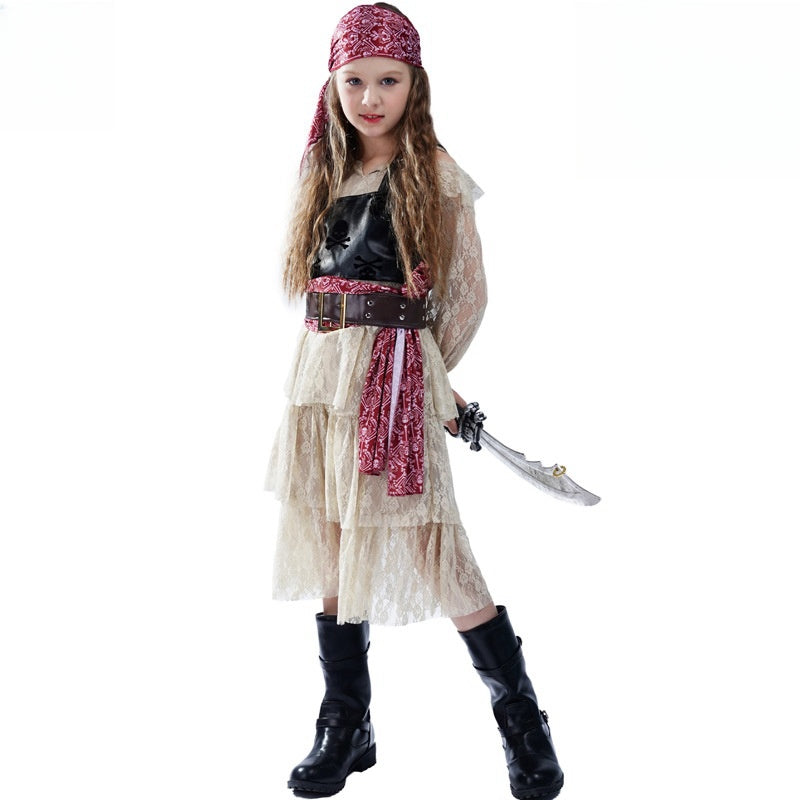 Pirate Costume Skirt Set for Girls - Cosplay Party Dress with Headband & Vest