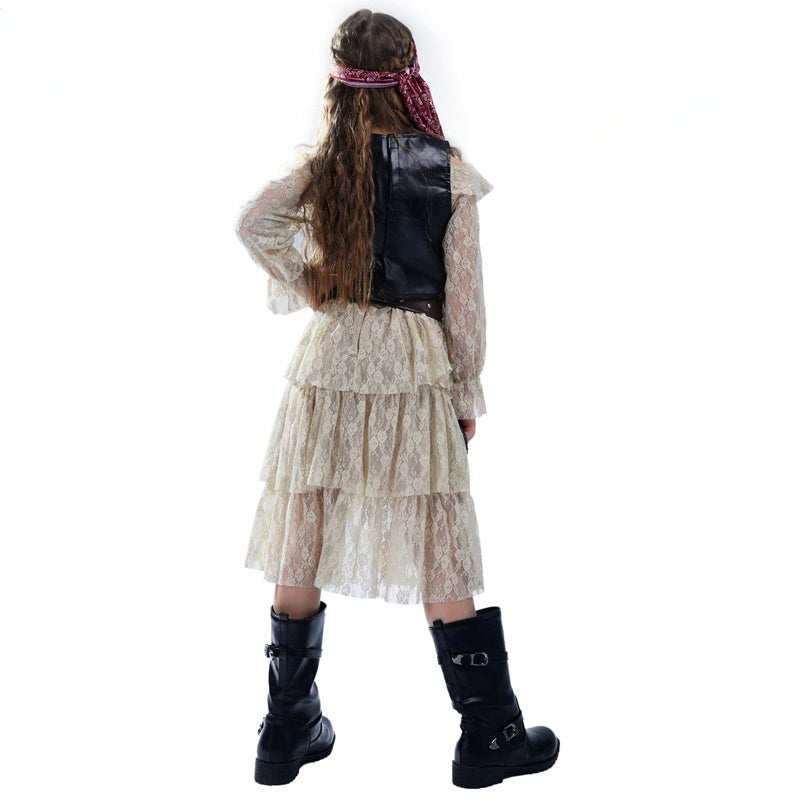 Pirate Costume Skirt Set for Girls - Cosplay Party Dress with Headband & Vest