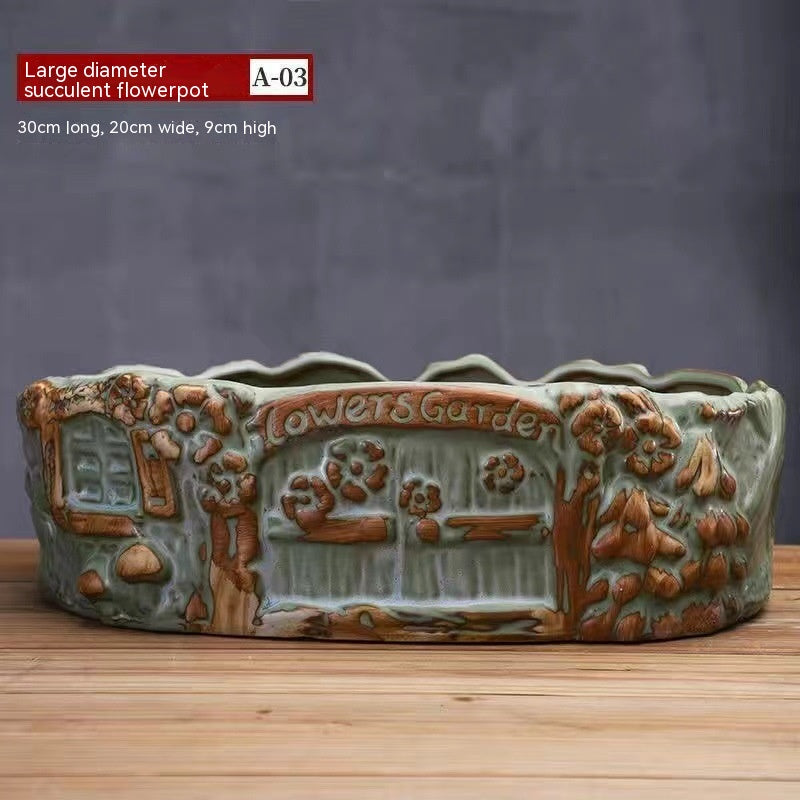 Large Ceramic Flower Pot with Shallow Mouth and Oval Rectangular Design for Home Garden