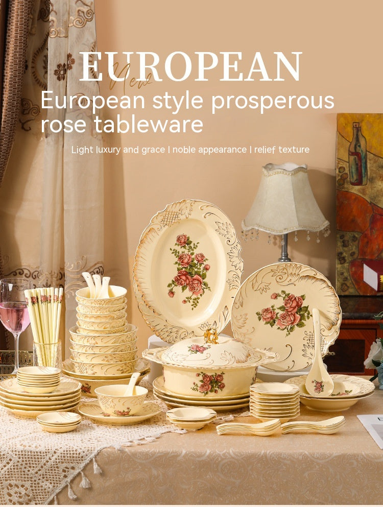 European-Style Ceramic Rice & Soup Bowls Set of 2 - Flower Pattern, Retro Kitchen Tableware