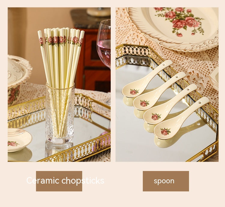 European-Style Ceramic Rice & Soup Bowls Set of 2 - Flower Pattern, Retro Kitchen Tableware