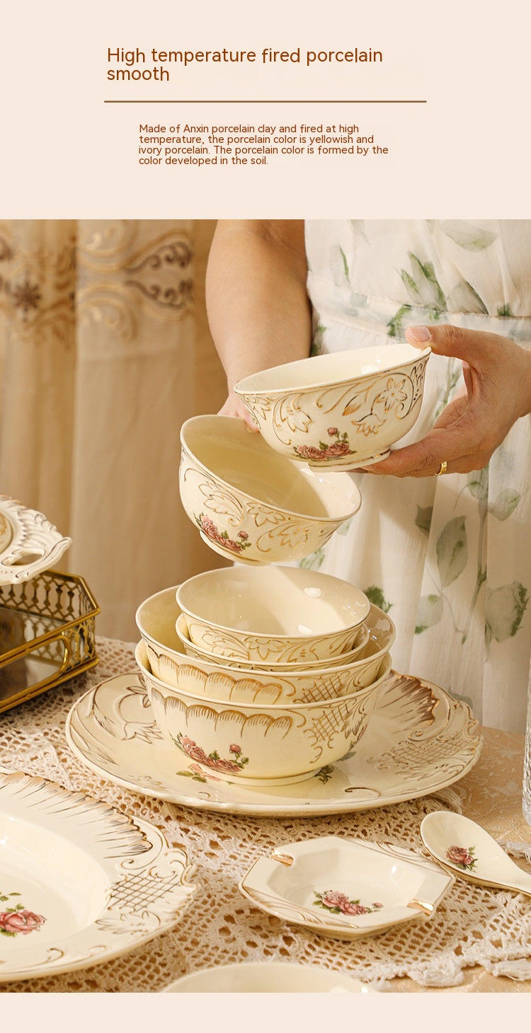 European-Style Ceramic Rice & Soup Bowls Set of 2 - Flower Pattern, Retro Kitchen Tableware