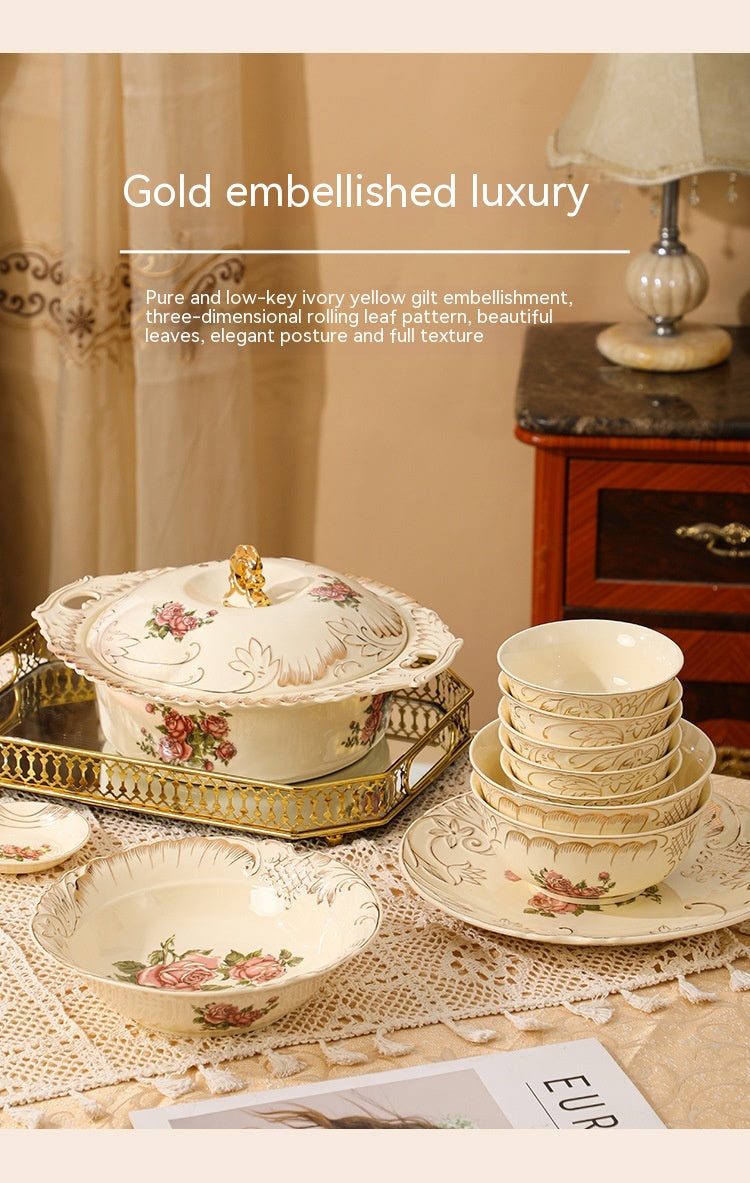 European-Style Ceramic Rice & Soup Bowls Set of 2 - Flower Pattern, Retro Kitchen Tableware