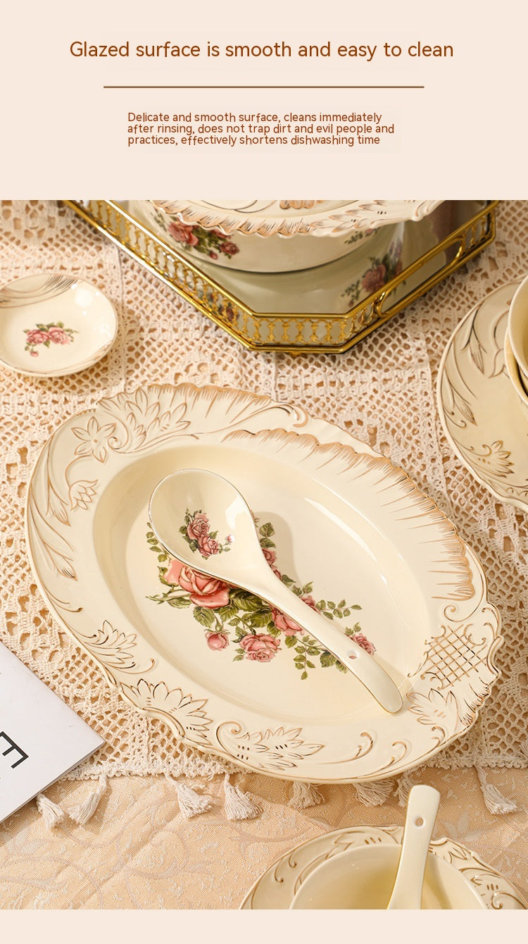 European-Style Ceramic Rice & Soup Bowls Set of 2 - Flower Pattern, Retro Kitchen Tableware