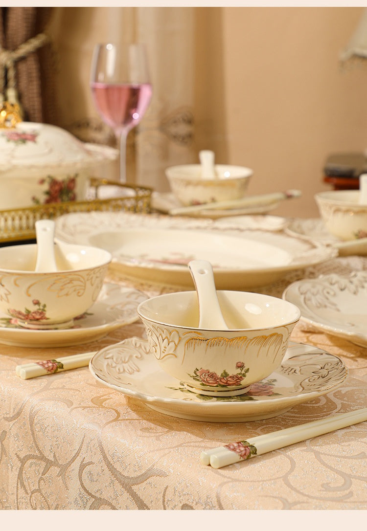European-Style Ceramic Rice & Soup Bowls Set of 2 - Flower Pattern, Retro Kitchen Tableware