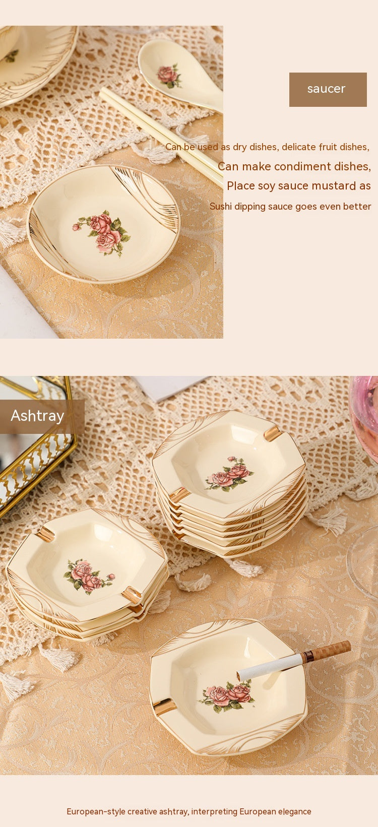 European-Style Ceramic Rice & Soup Bowls Set of 2 - Flower Pattern, Retro Kitchen Tableware