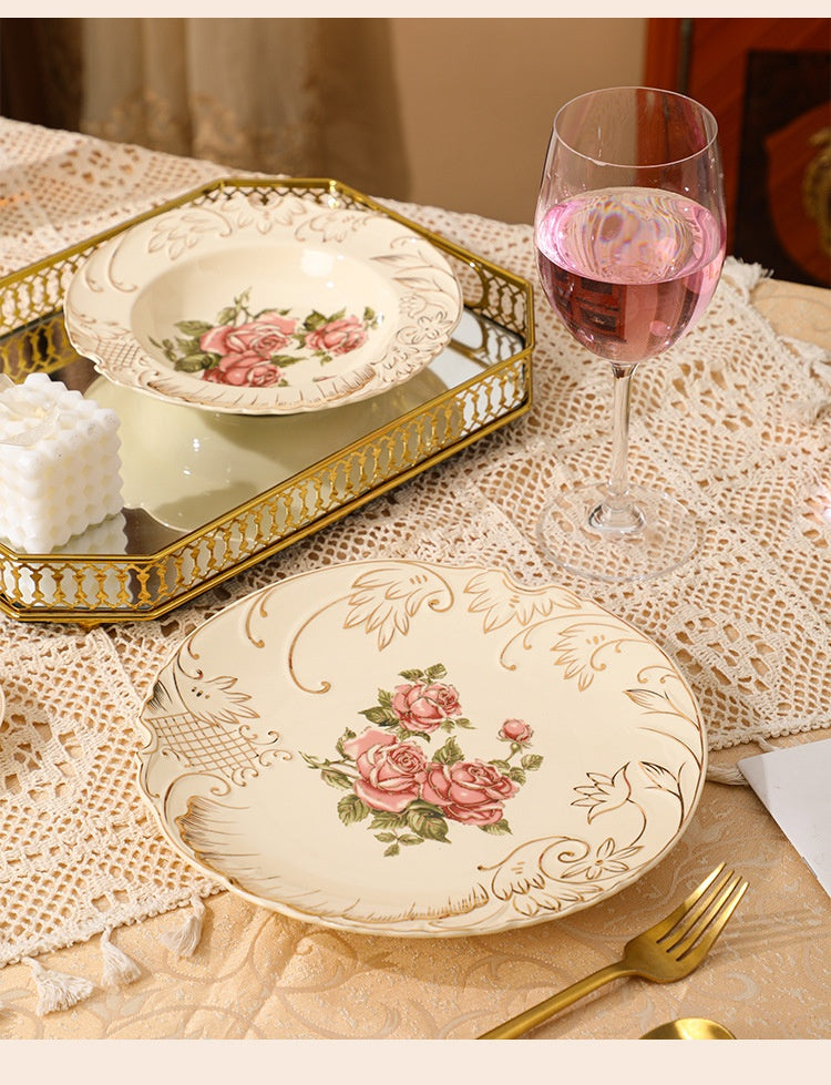 European-Style Ceramic Rice & Soup Bowls Set of 2 - Flower Pattern, Retro Kitchen Tableware