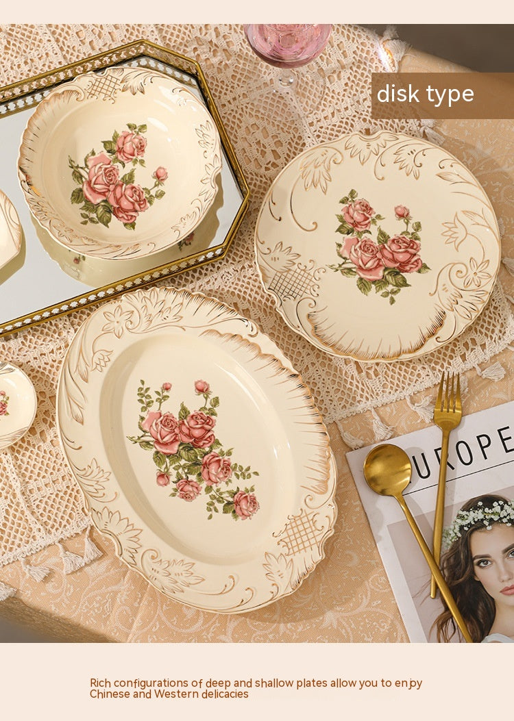 European-Style Ceramic Rice & Soup Bowls Set of 2 - Flower Pattern, Retro Kitchen Tableware