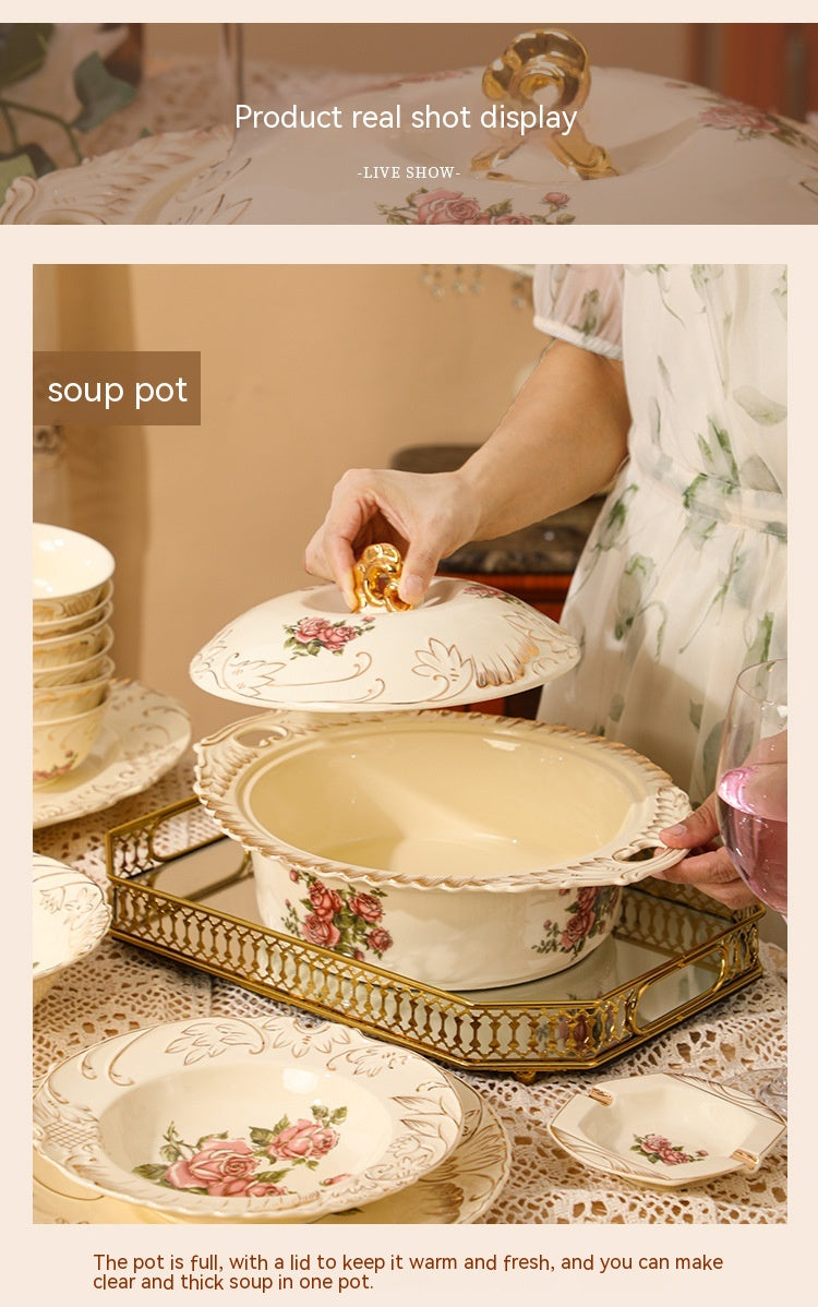 European-Style Ceramic Rice & Soup Bowls Set of 2 - Flower Pattern, Retro Kitchen Tableware
