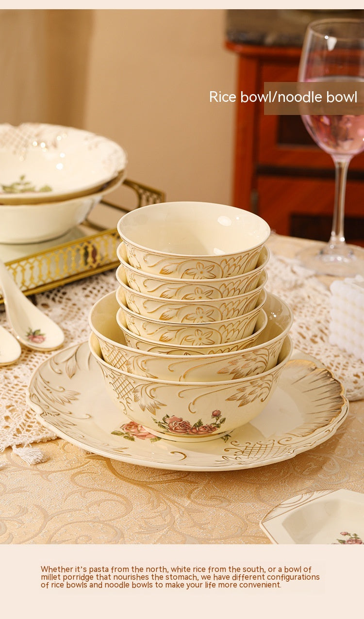 European-Style Ceramic Rice & Soup Bowls Set of 2 - Flower Pattern, Retro Kitchen Tableware