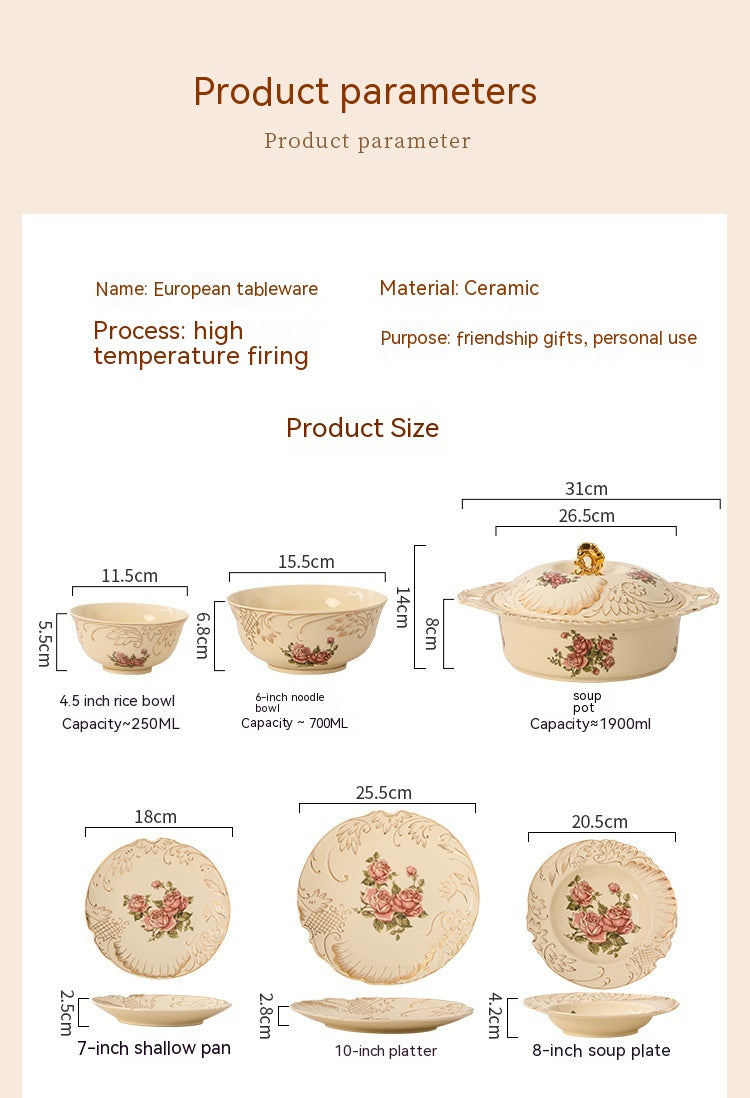 European-Style Ceramic Rice & Soup Bowls Set of 2 - Flower Pattern, Retro Kitchen Tableware