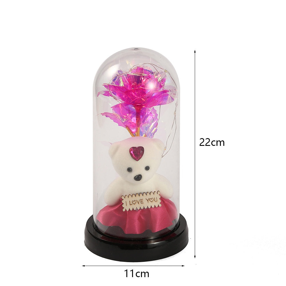 Rose Bear Preserved Flower Glass Cover with LED Light Valentine's Gift
