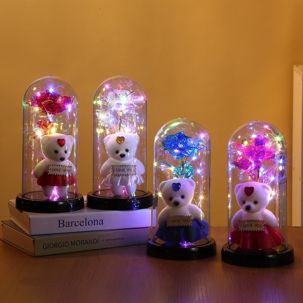 Rose Bear Preserved Flower Glass Cover with LED Light Valentine's Gift