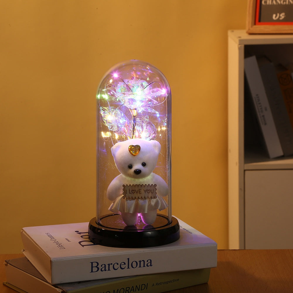 Rose Bear Preserved Flower Glass Cover with LED Light Valentine's Gift