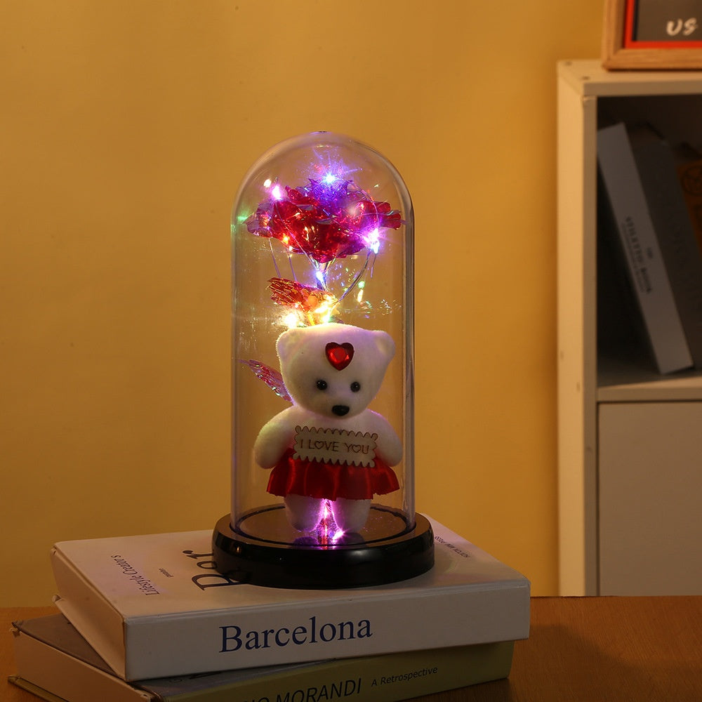 Rose Bear Preserved Flower Glass Cover with LED Light Valentine's Gift