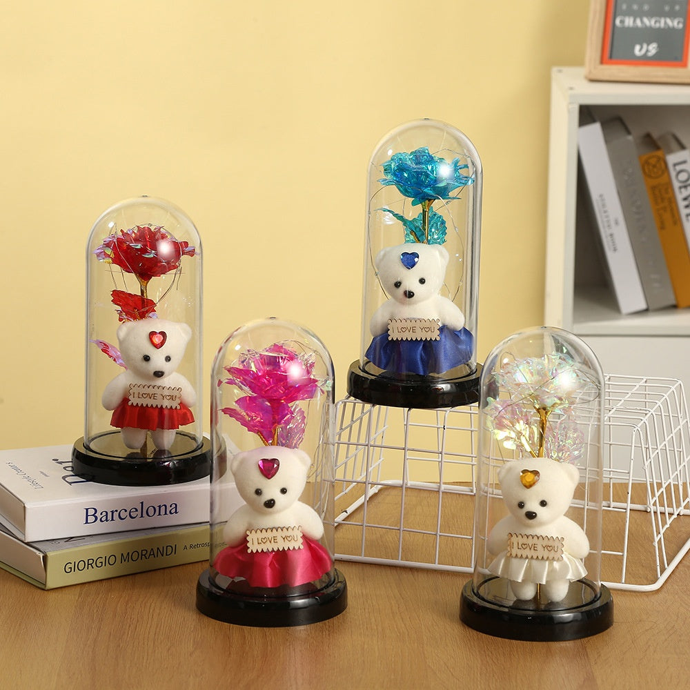 Rose Bear Preserved Flower Glass Cover with LED Light Valentine's Gift
