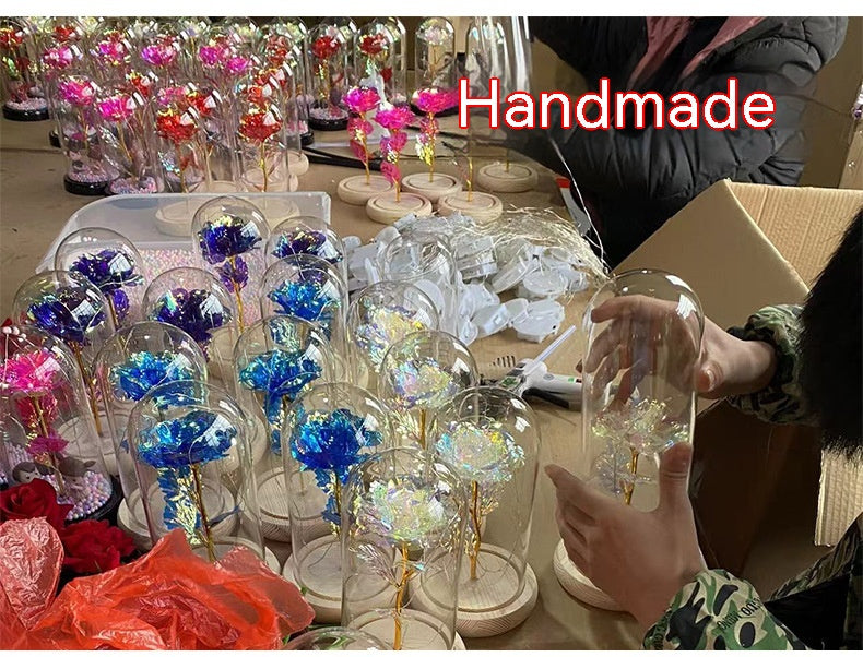 Rose Bear Preserved Flower Glass Cover with LED Light Valentine's Gift