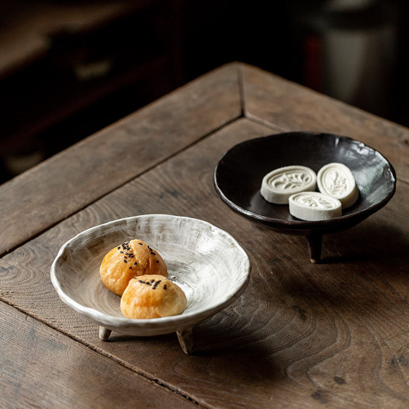 Stoneware Three-Legged Food Plate - Antique Ceramic Fruit Dish, Zen Dim Sum