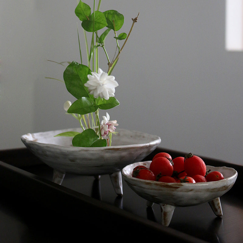 Stoneware Three-Legged Food Plate - Antique Ceramic Fruit Dish, Zen Dim Sum