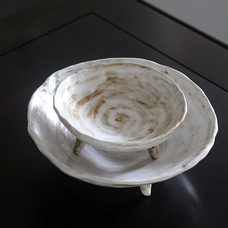 Stoneware Three-Legged Food Plate - Antique Ceramic Fruit Dish, Zen Dim Sum